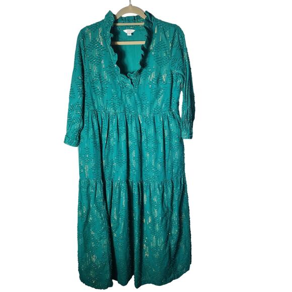 Crown & Ivy Sz S Cotton Green Embroidered Gold Metallic Midi Dress Tiered Ruffle - Picture 2 of 9